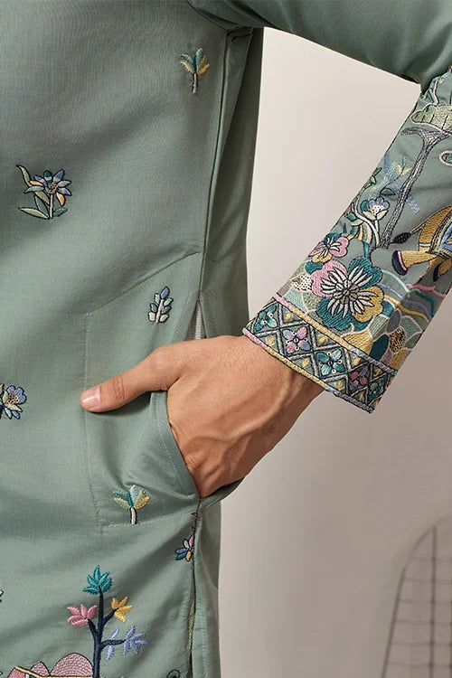 Pista Embroidered Kurta with Peacock & Elephant Motif