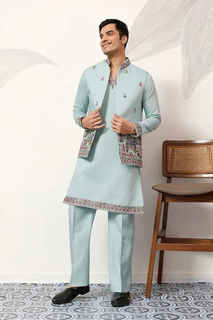 Men’s Pastel Blue Embroidered Kurta Set with Floral Detailing
