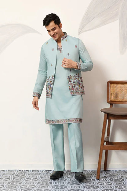 Men’s Pastel Blue Embroidered Kurta Set with Floral Detailing