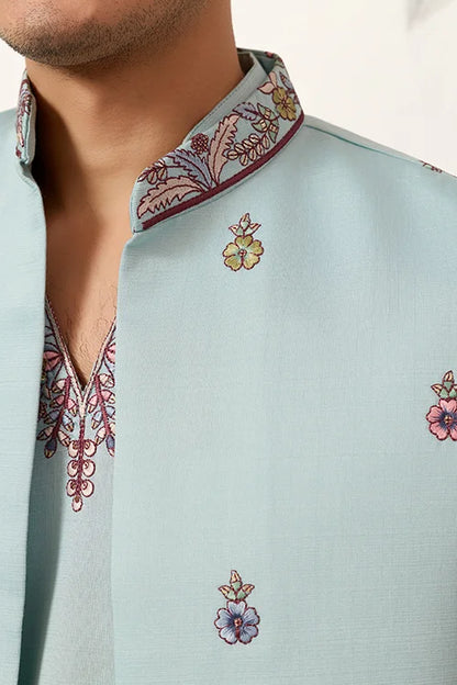 Men’s Pastel Blue Embroidered Kurta Set with Floral Detailing