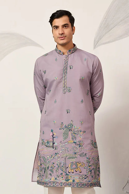 Lavender Embroidered Kurta with Peacock & Elephant Motif