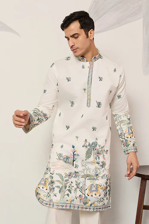 Ivory Embroidered Kurta with Peacock Motif