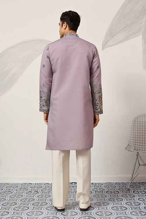 Lavender Embroidered Kurta with Peacock & Elephant Motif