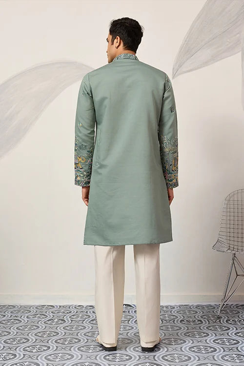 Pista Embroidered Kurta with Peacock & Elephant Motif