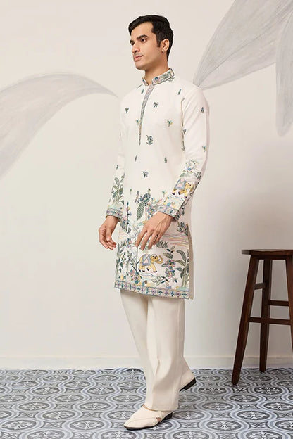 Ivory Embroidered Kurta with Peacock Motif