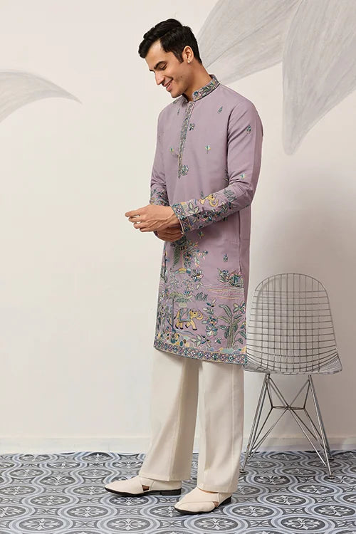 Lavender Embroidered Kurta with Peacock & Elephant Motif