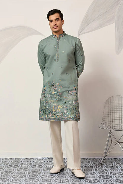 Pista Embroidered Kurta with Peacock & Elephant Motif