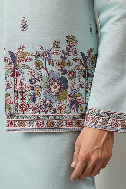 Men’s Pastel Blue Embroidered Kurta Set with Floral Detailing