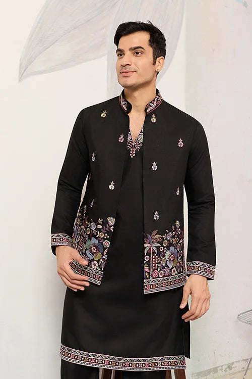 Men’s Black Embroidered Kurta Set with Designer Jacket
