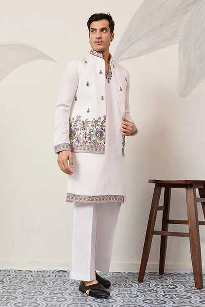 Men’s Ivory White Embroidered Kurta Set with Designer Jacket