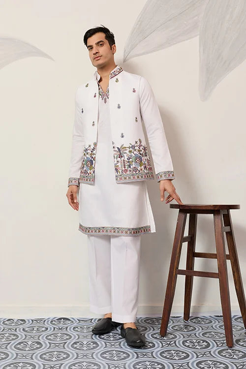 Men’s Ivory White Embroidered Kurta Set with Designer Jacket