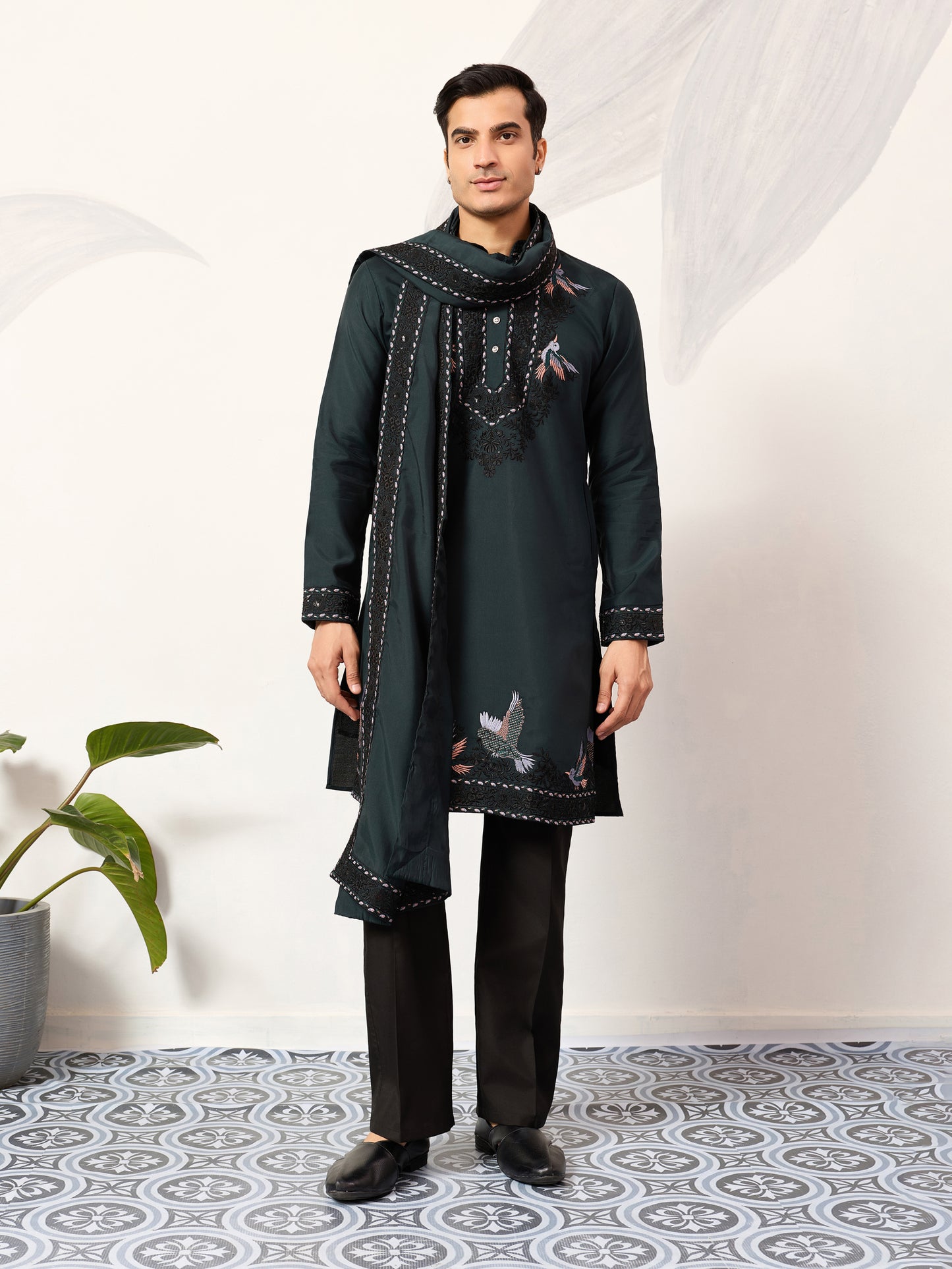 Navy Royale Aviary Embroidered Kurta with Dupatta