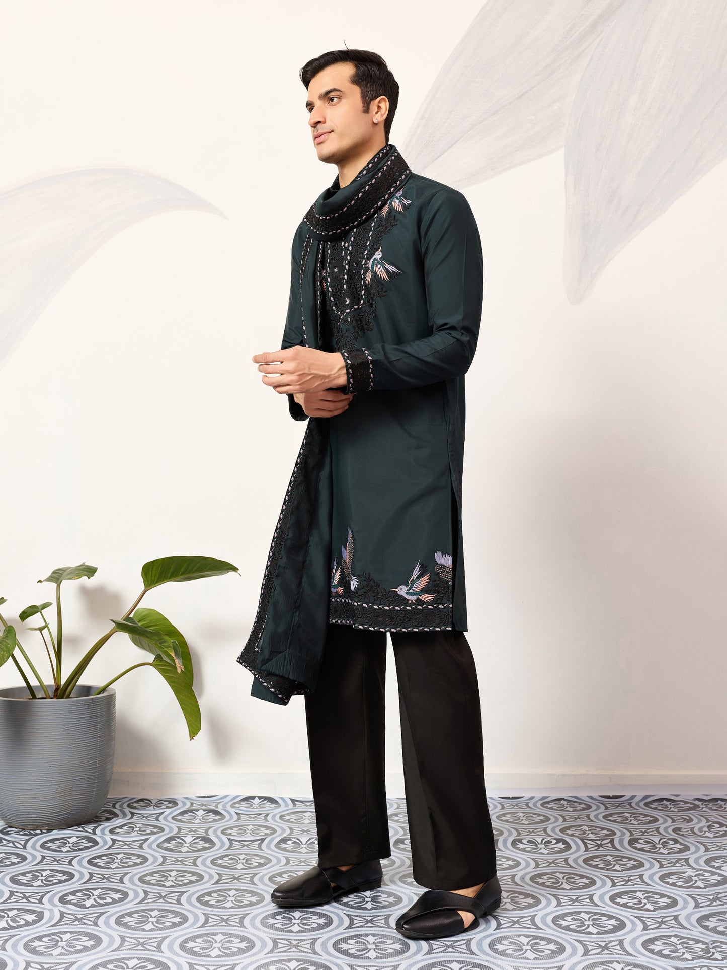 Navy Royale Aviary Embroidered Kurta with Dupatta