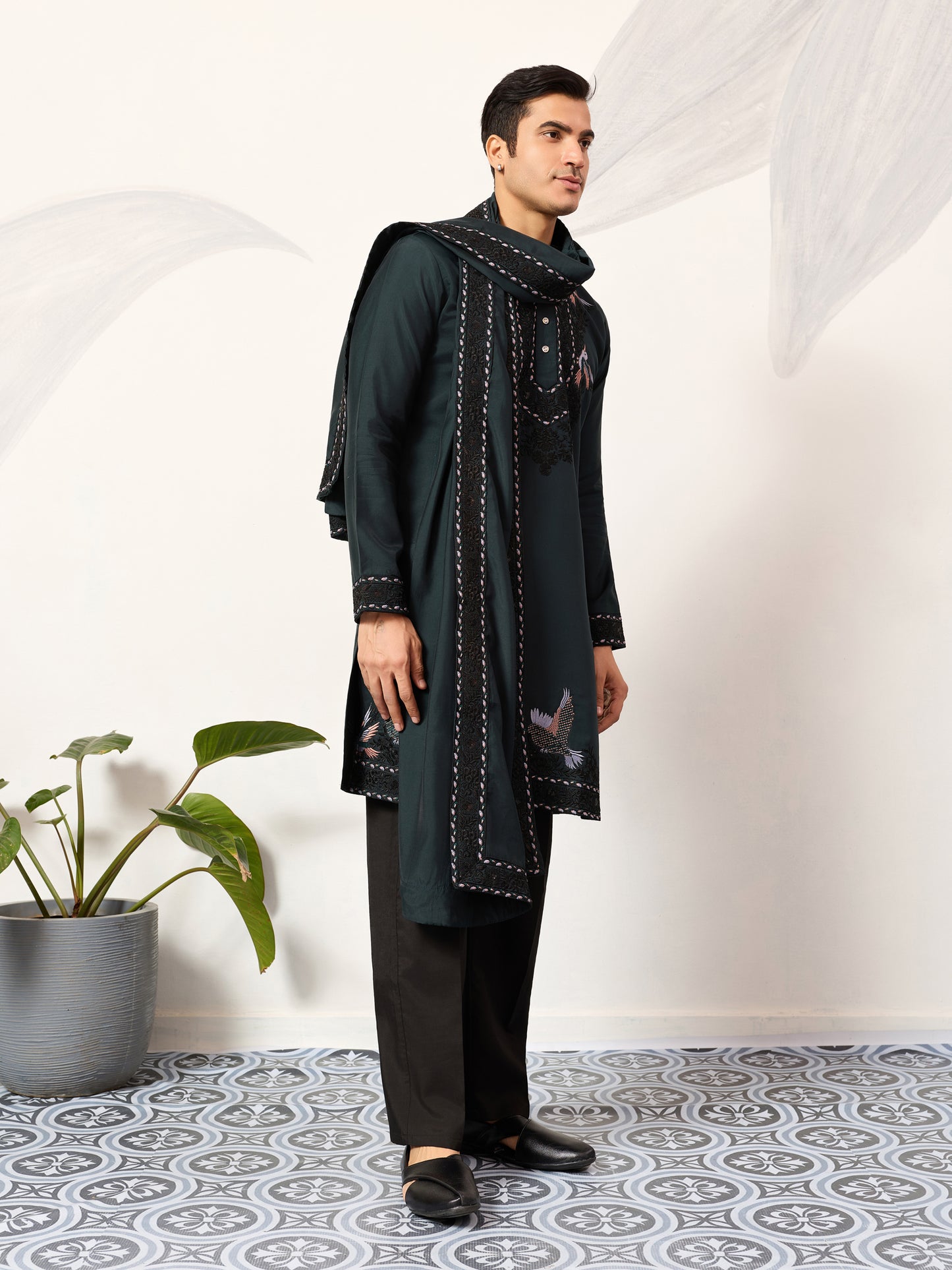 Navy Royale Aviary Embroidered Kurta with Dupatta