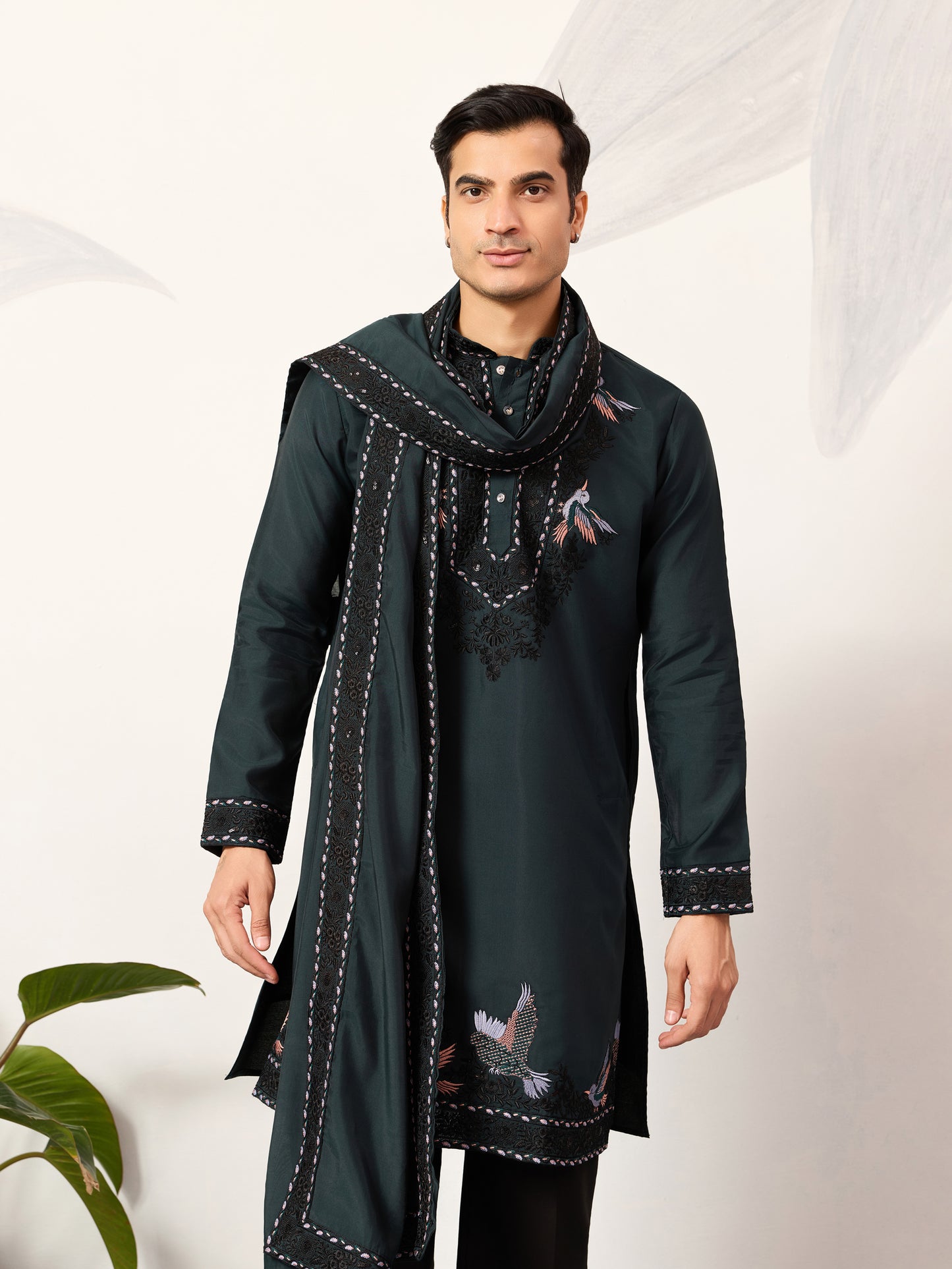 Navy Royale Aviary Embroidered Kurta with Dupatta