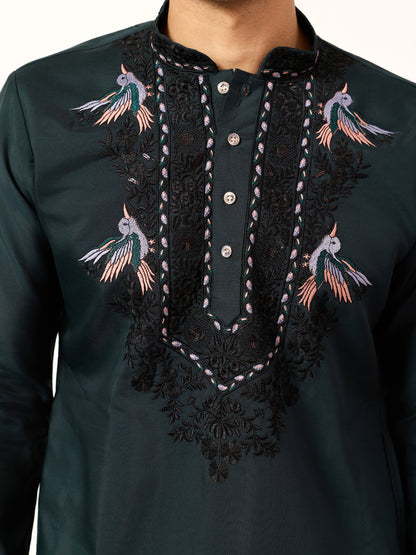Navy Royale Aviary Embroidered Kurta with Dupatta